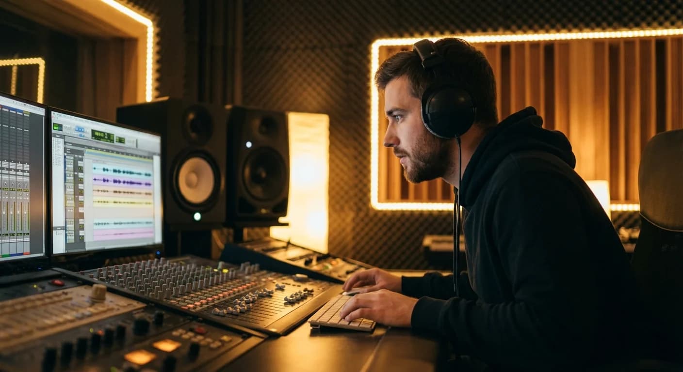 Music producer wearing headphones reviewing audio tracks in a recording studio
