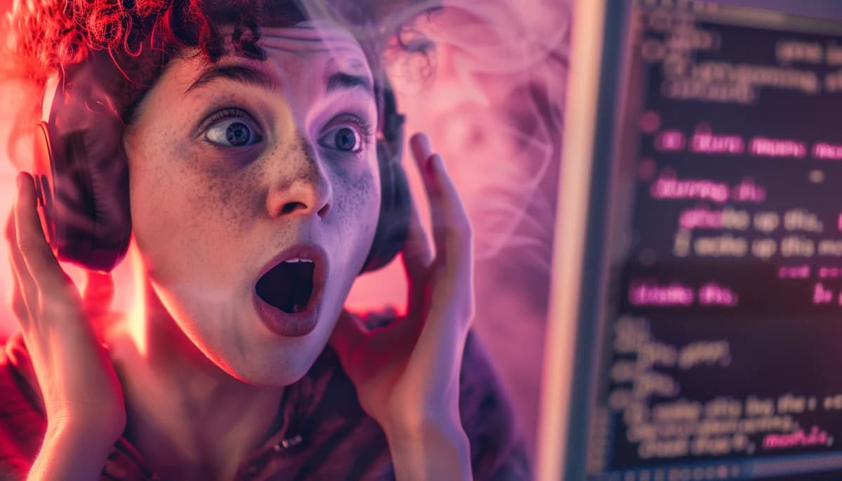 Songwriter reacting to ChatGPT lyrics on a screen in a neon-lit studio