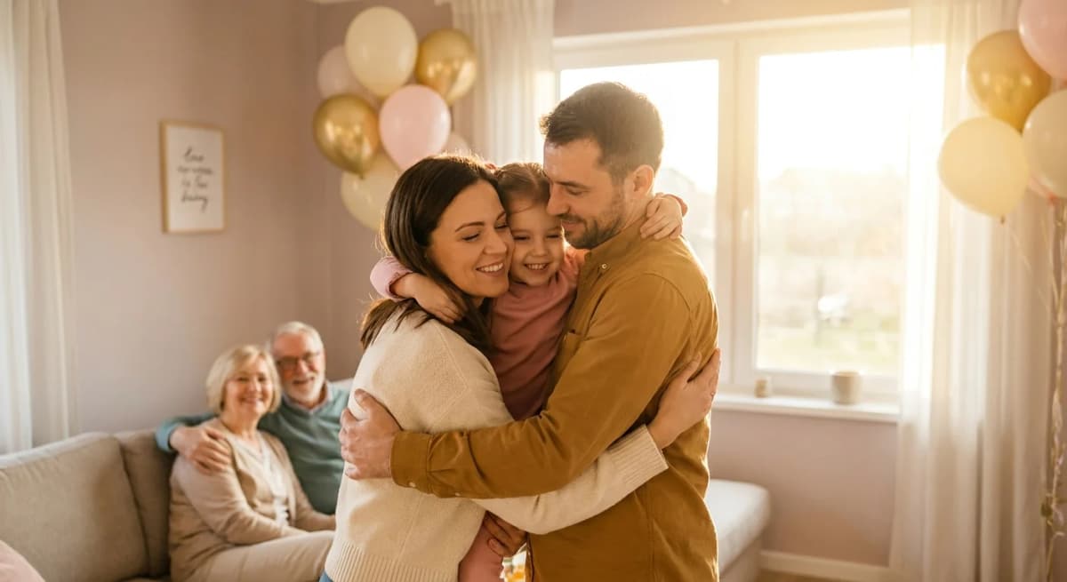 Adoptive parents and their child sharing a tender hug at a Gotcha Day celebration with grandparents watching in the background