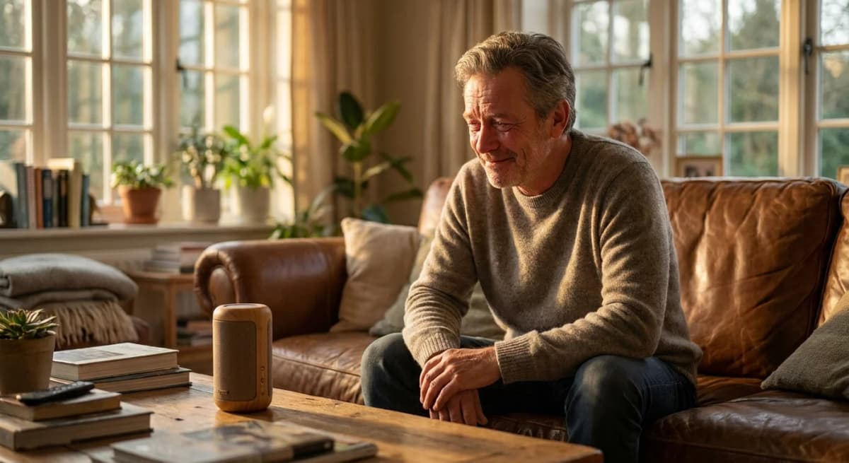 Father in his fifties listening to a custom song on a bluetooth speaker in a warmly lit family room