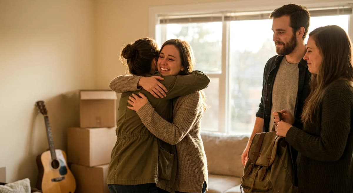 Friends hugging goodbye in a sunlit room with moving boxes and a guitar in the background
