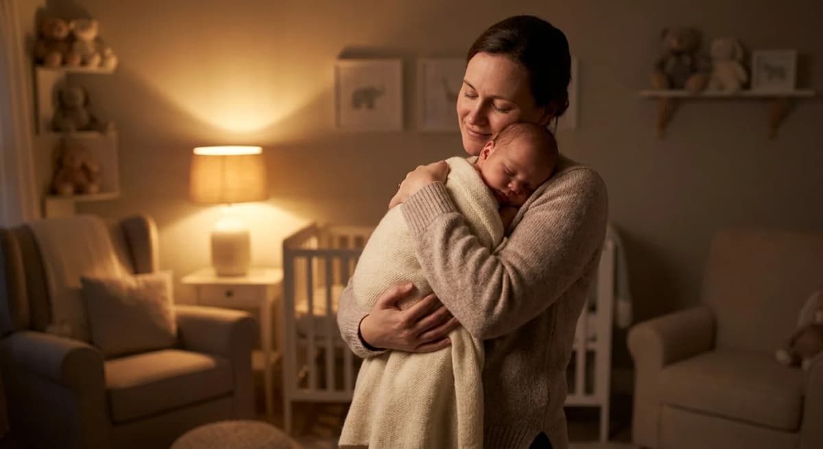 Parent gently holding a sleeping newborn in a warm, softly lit nursery