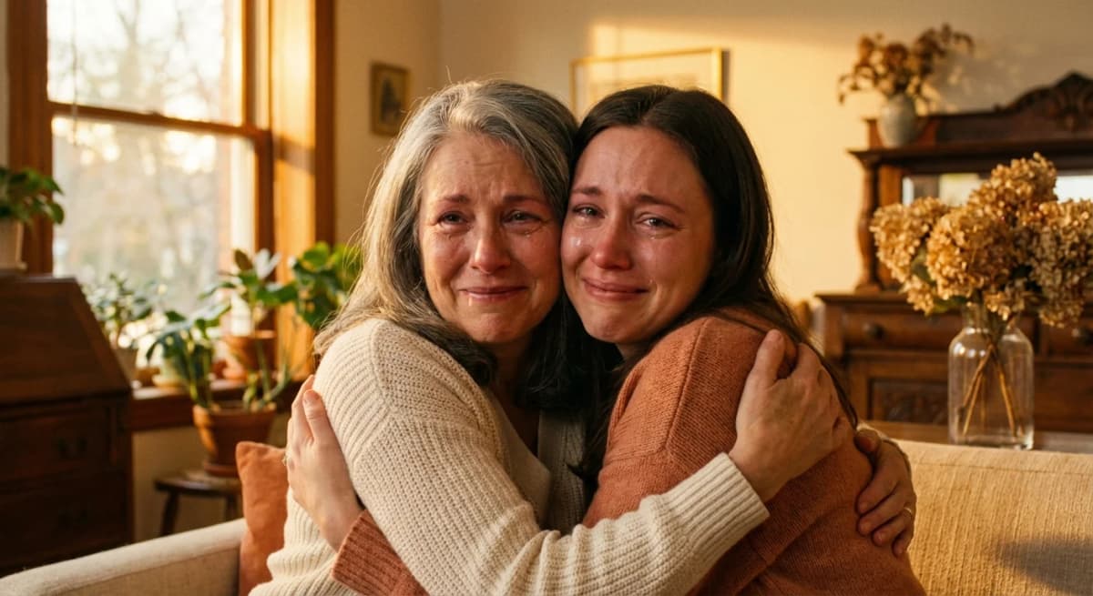 Mother and daughter sharing an emotional embrace in golden sunlit living room