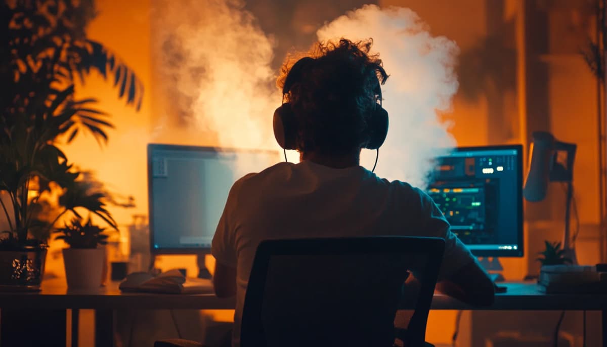 Person wearing headphones at a desk creating custom workplace music