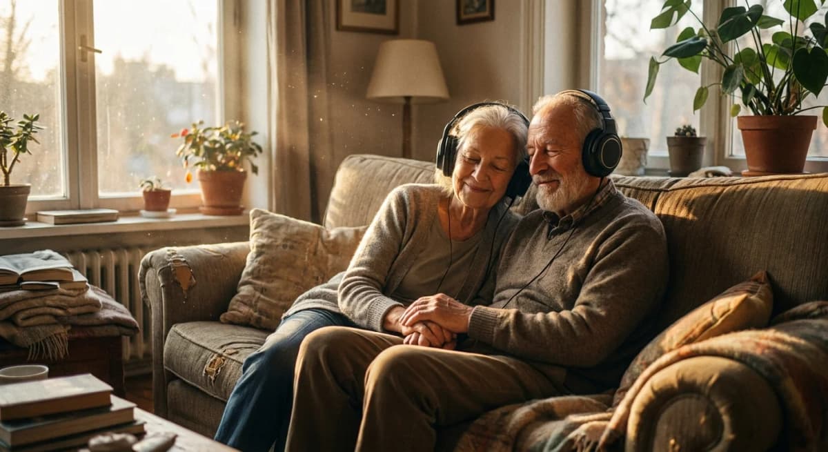 An elderly grandmother and grandfather sitting together listening to a song through headphones