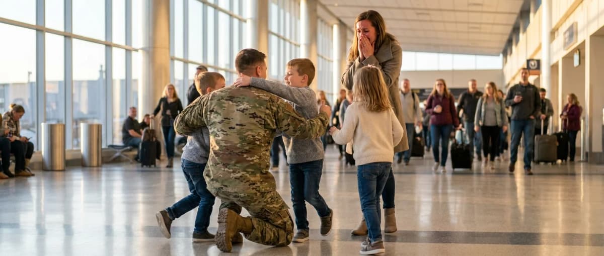 A service member in uniform kneeling to embrace two children running into his arms at an airport homecoming