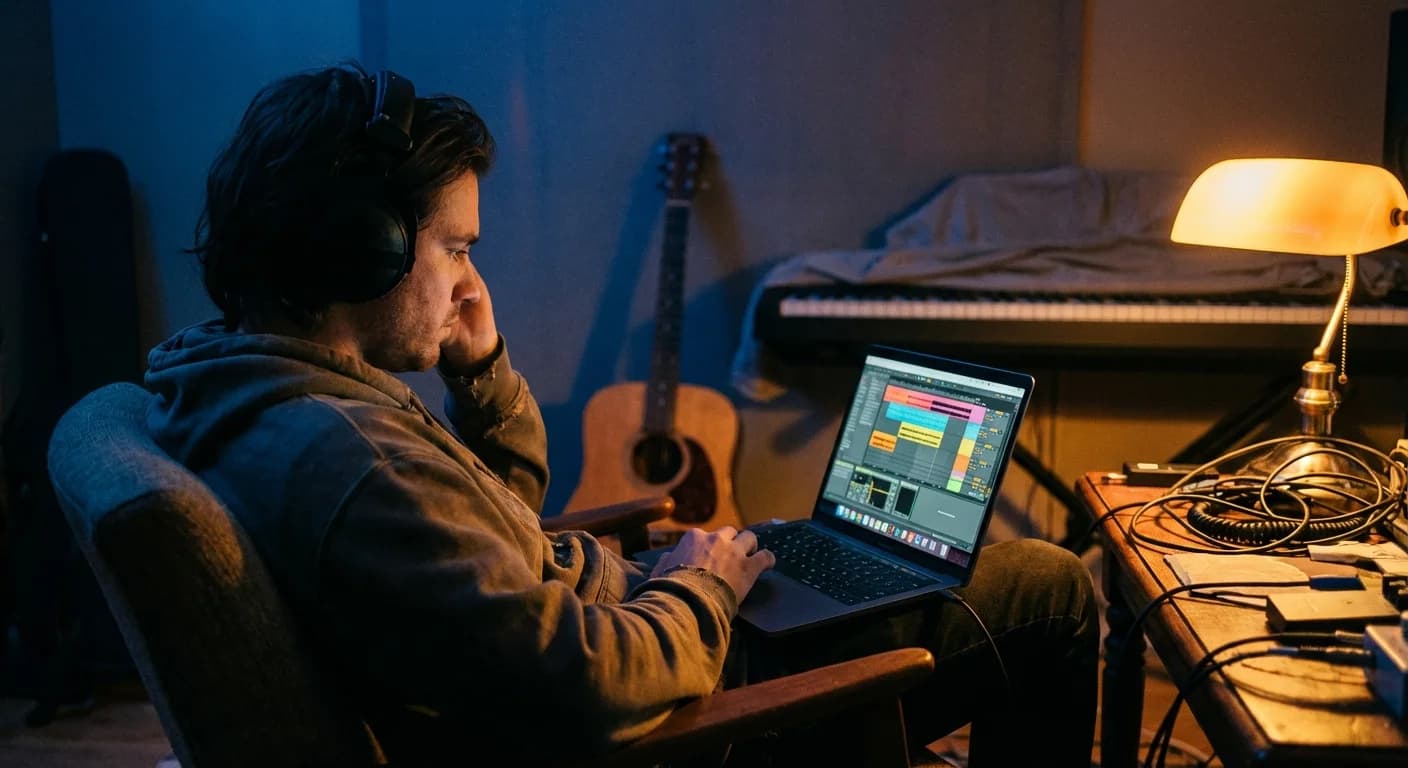 Browsing free backing tracks in a home studio setup Musician working in a home studio browsing backing tracks on a laptop with guitar and keyboard in background