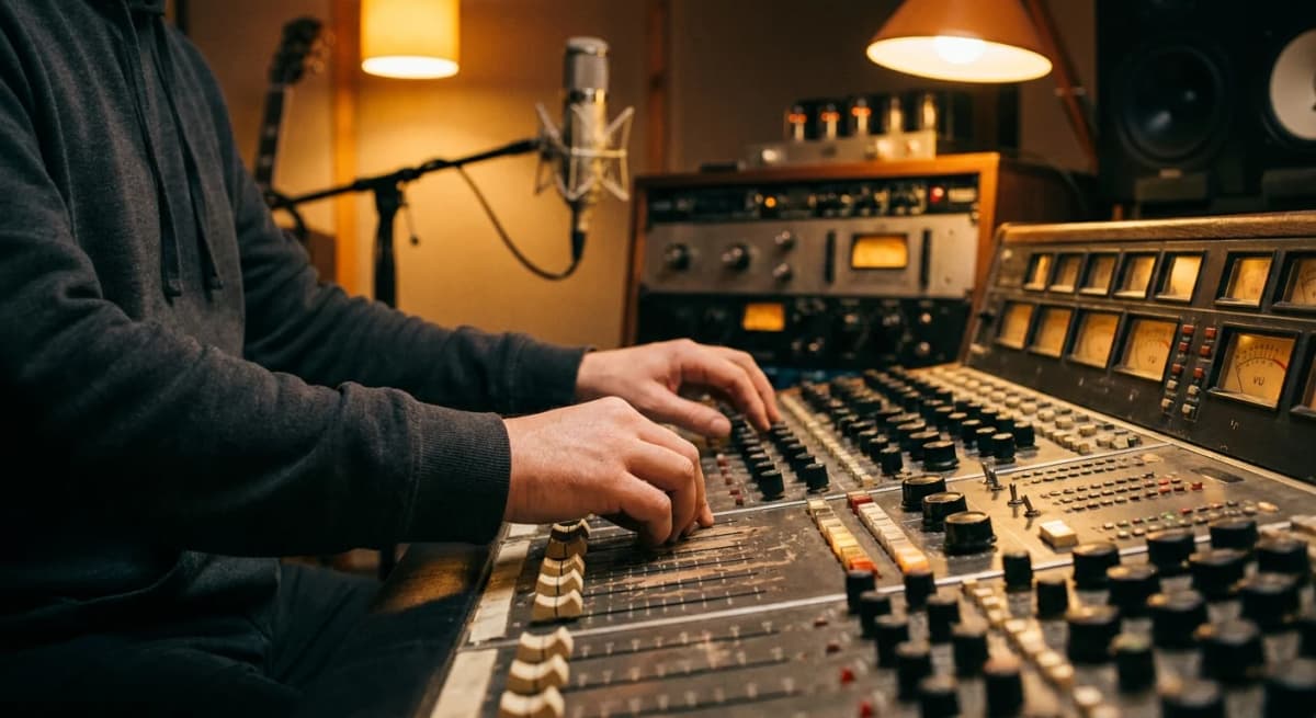 Music producer working at a vintage analog mixing console in a warm-lit studio