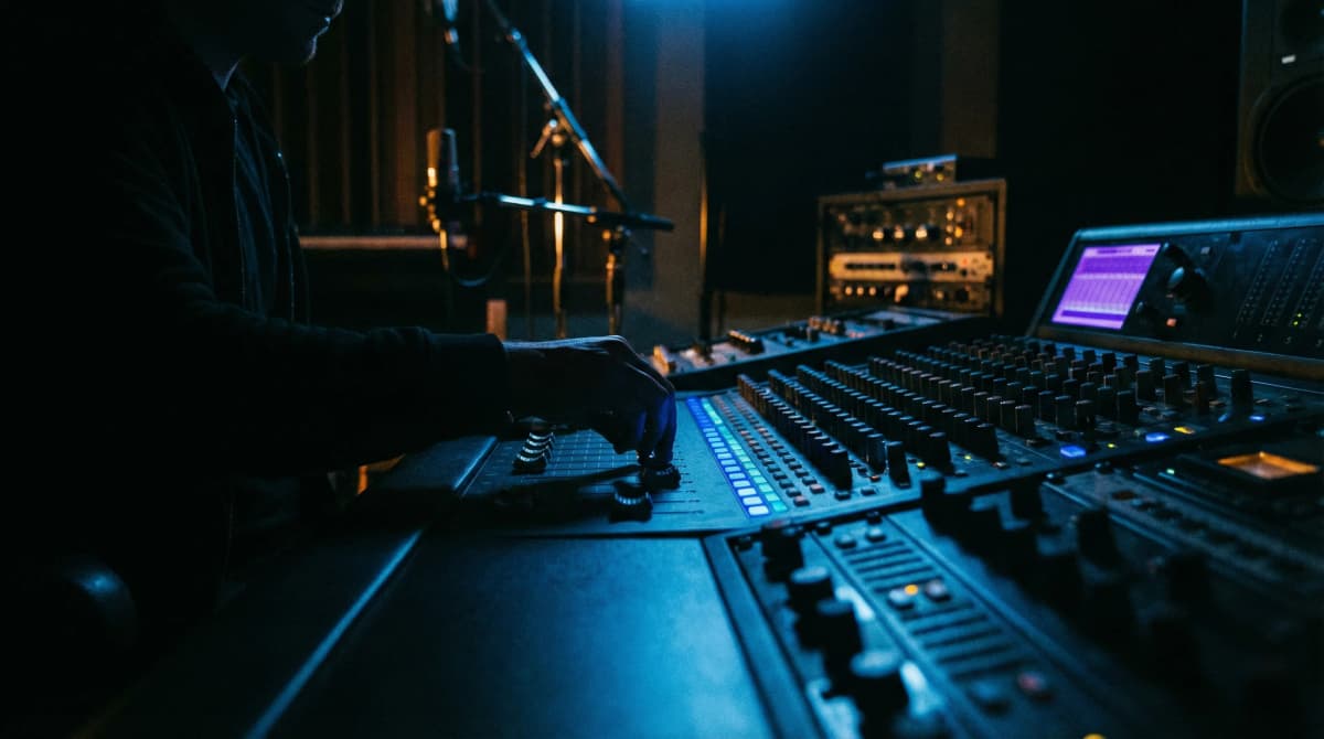 Music producer working at professional mixing console in dark studio with blue lighting