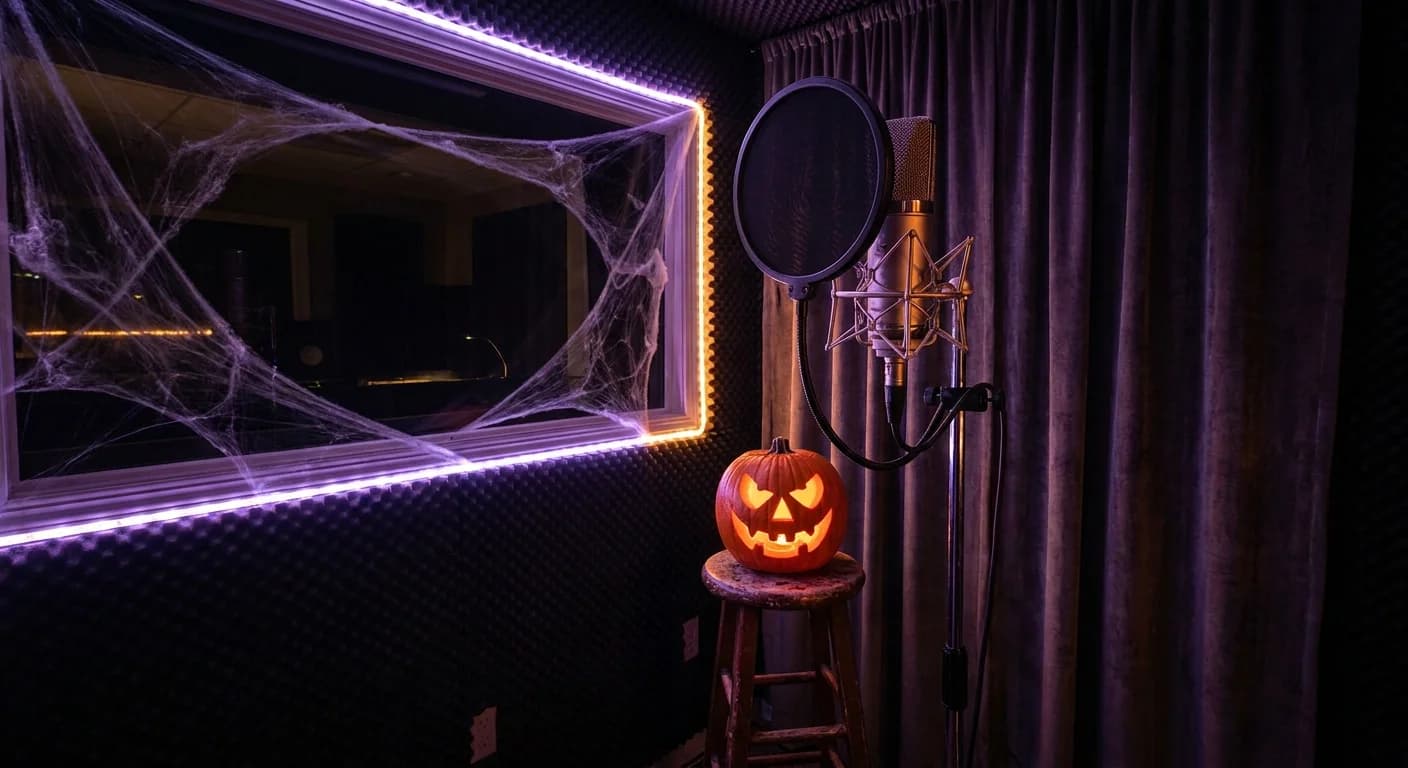 Solo lead vocals make the best voice model training data Condenser microphone with pop filter in a Halloween decorated vocal booth with a glowing jack-o-lantern