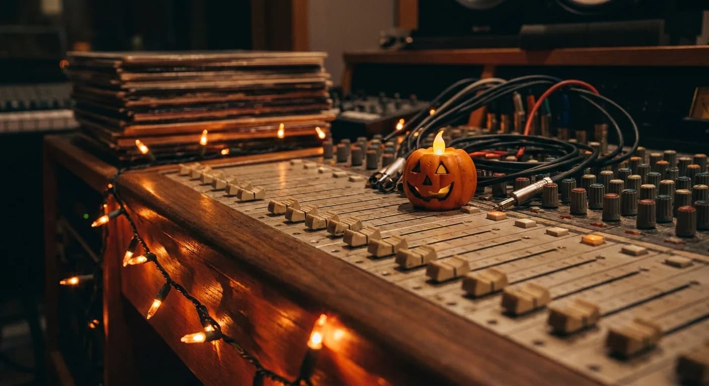 Comping Halloween parody takes at the console Analog console faders glowing under orange Halloween string lights with a carved pumpkin