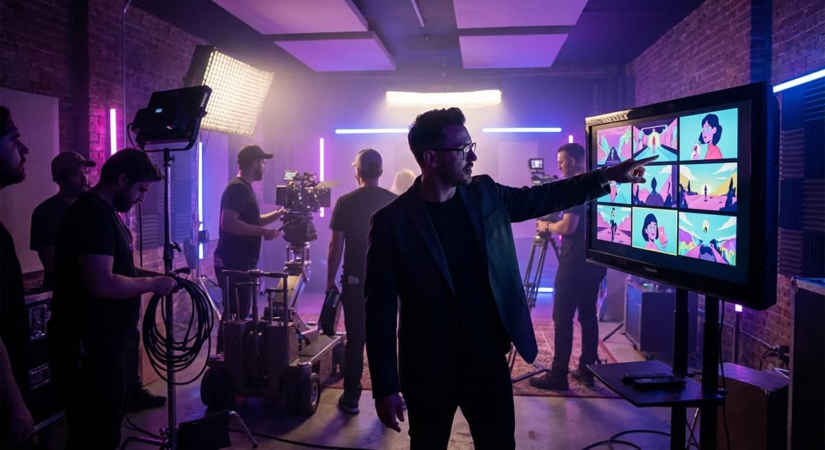 Creative director reviewing music video storyboard frames in a neon-lit production studio
