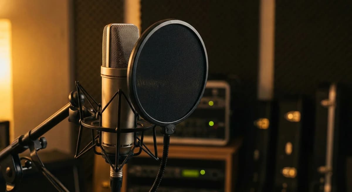 Vintage studio microphone glowing warmly in a dimly lit professional recording studio