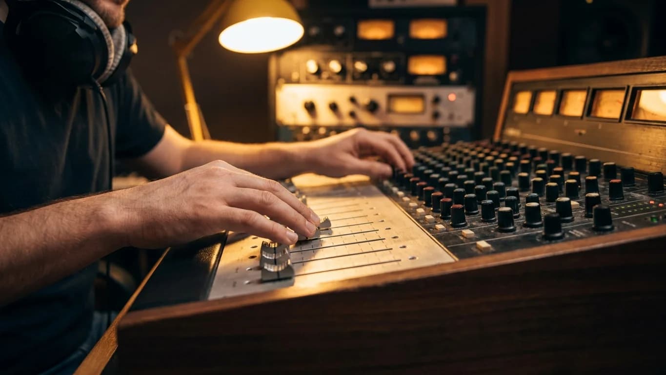 Producer hands on studio equipment selecting takes during a vocal session