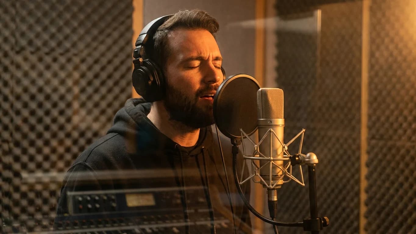 Singer recording vocal takes in a professional studio vocal booth
