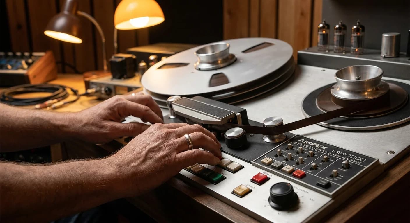 Producer hands adjusting transport controls on an analog multitrack tape machine
