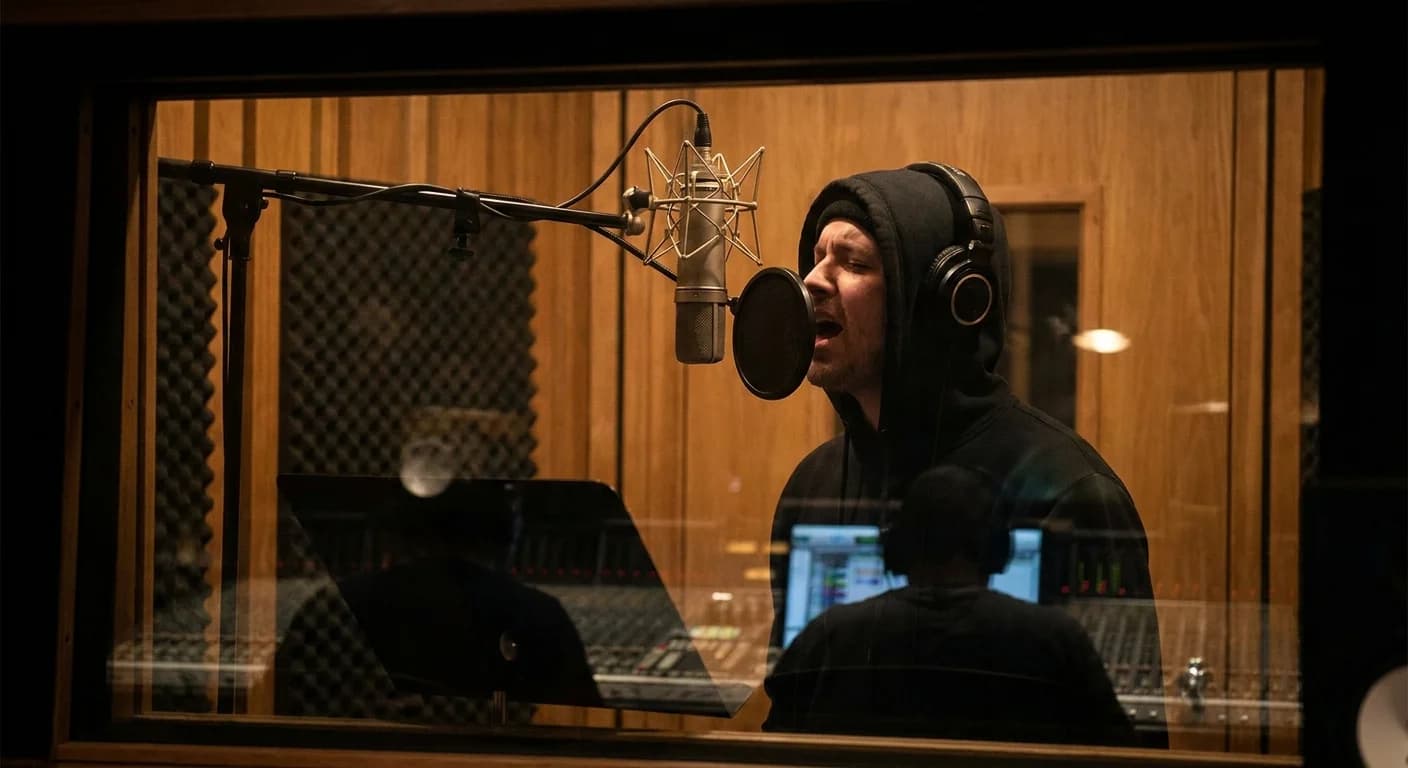 Singer performing into a condenser microphone in a professional vocal booth