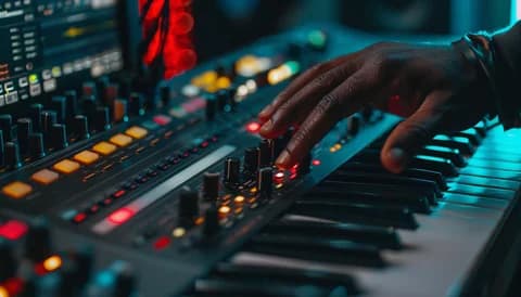 Fine-tuning AI-generated music stems in a DAW Close-up of music producer hands tweaking virtual knobs on a mixing console