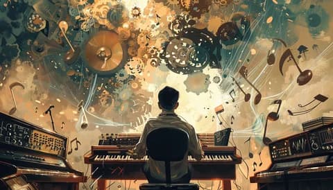 Refining AI music output in a DAW Music producer crafting AI-generated music with virtual instruments and DAW