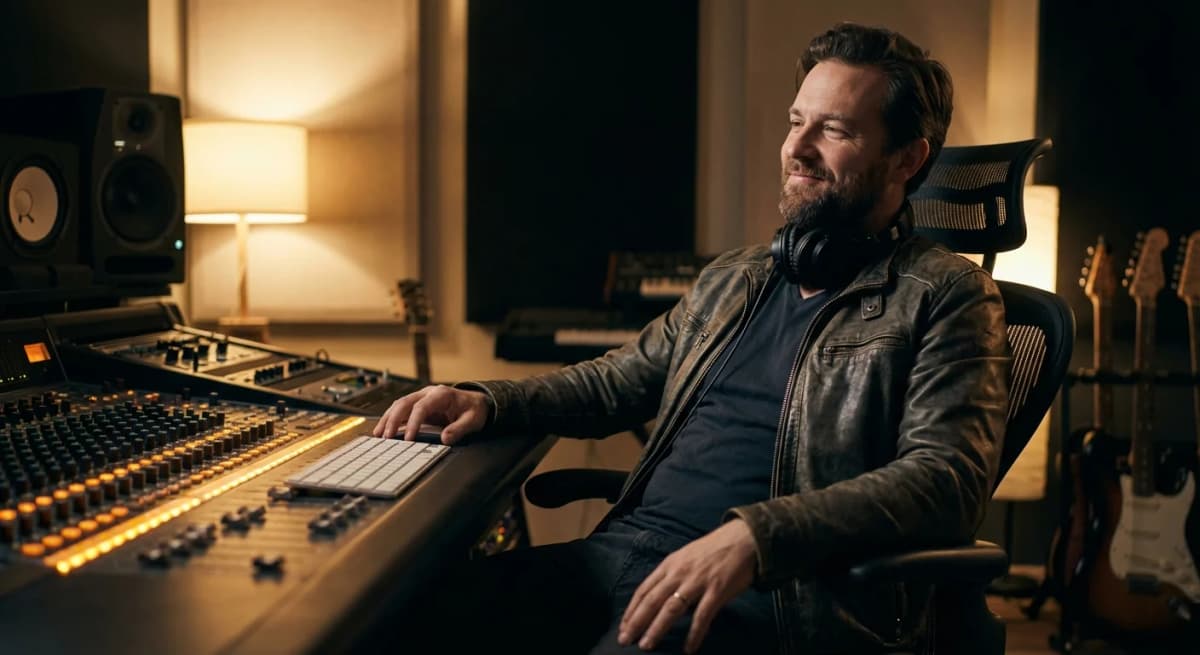 Music producer working at a mixing console in a recording studio