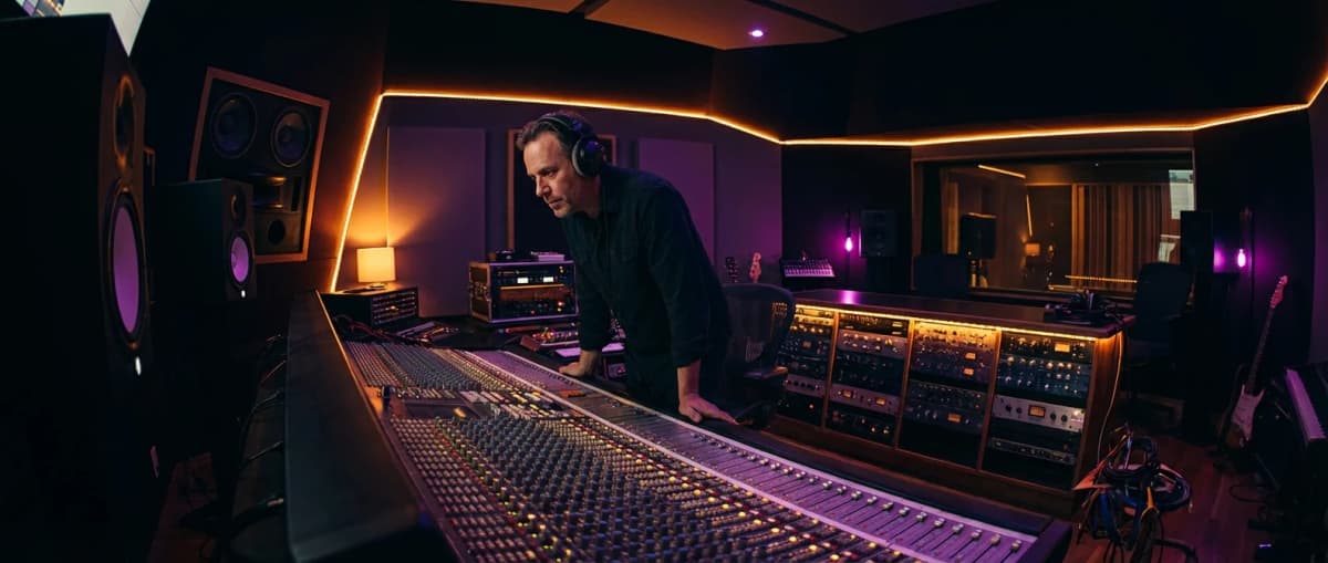 Music producer working at mixing console in professional recording studio
