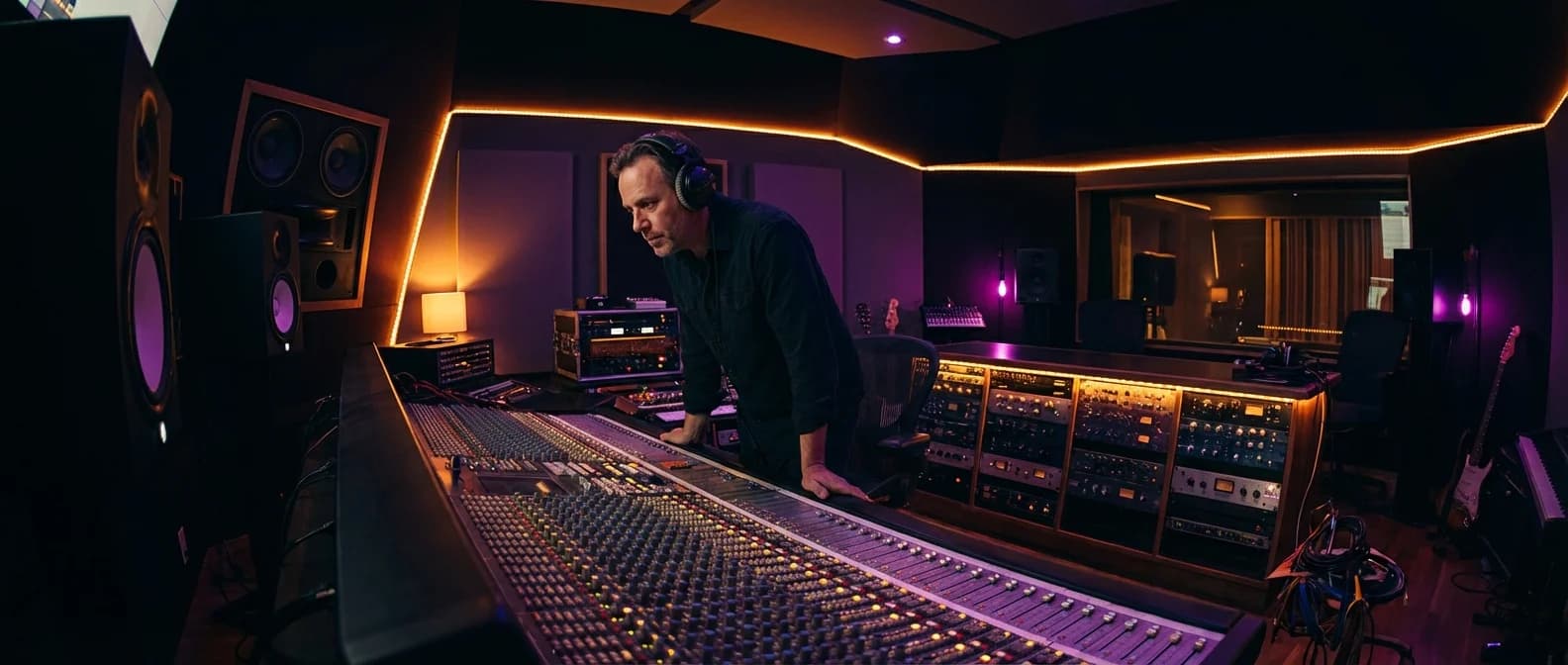 Top AI music production tools for 2026 Music producer working at mixing console in professional recording studio