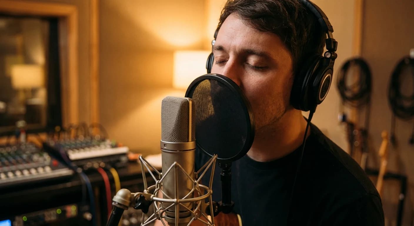 Singer recording vocals with condenser microphone in professional studio