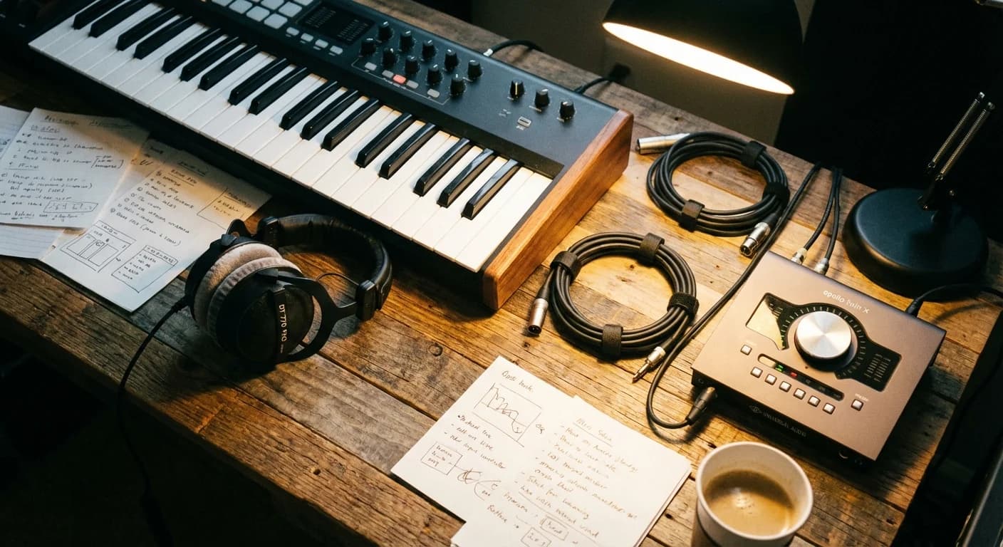 Music production desk with MIDI keyboard, headphones, and audio interface