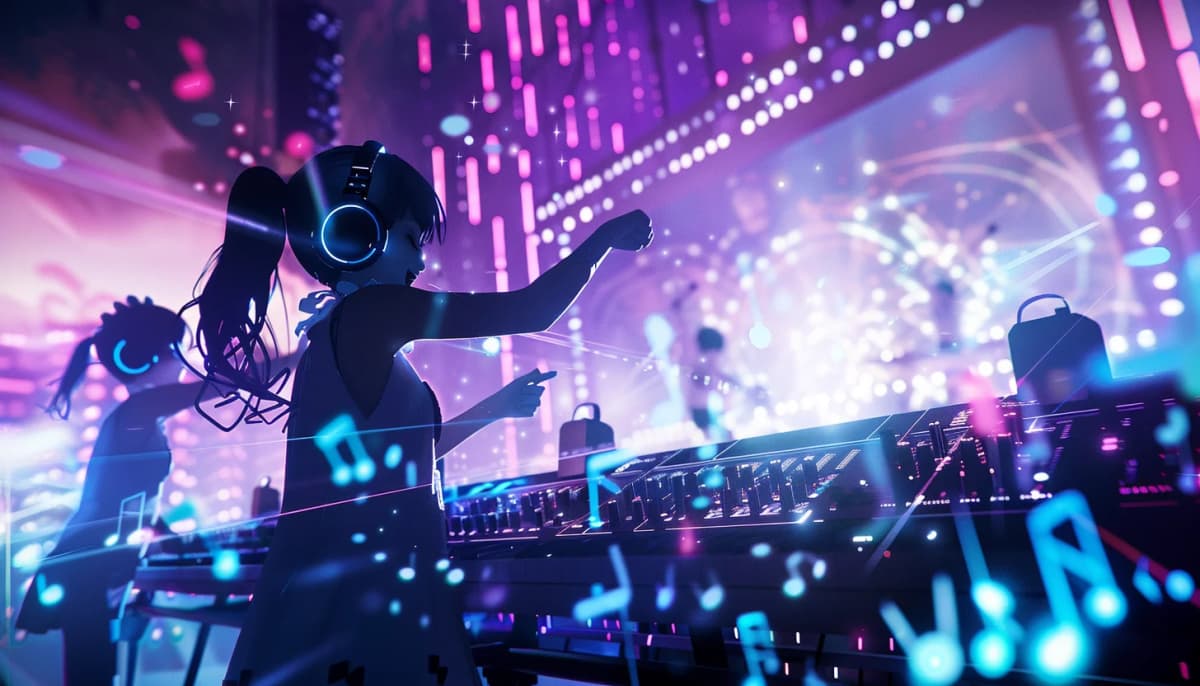 Virtual vocal synthesizer characters performing on stage