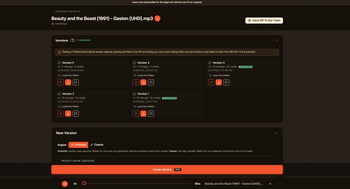 ChangeLyric Overdub project page showing completed versions and the ZIP download for each